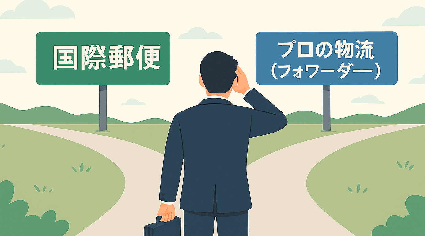 「国際郵便」と「プロの物流（フォワーダー）」の分かれ道で、最適な輸送手段を選択しようとしている人物のイメージ