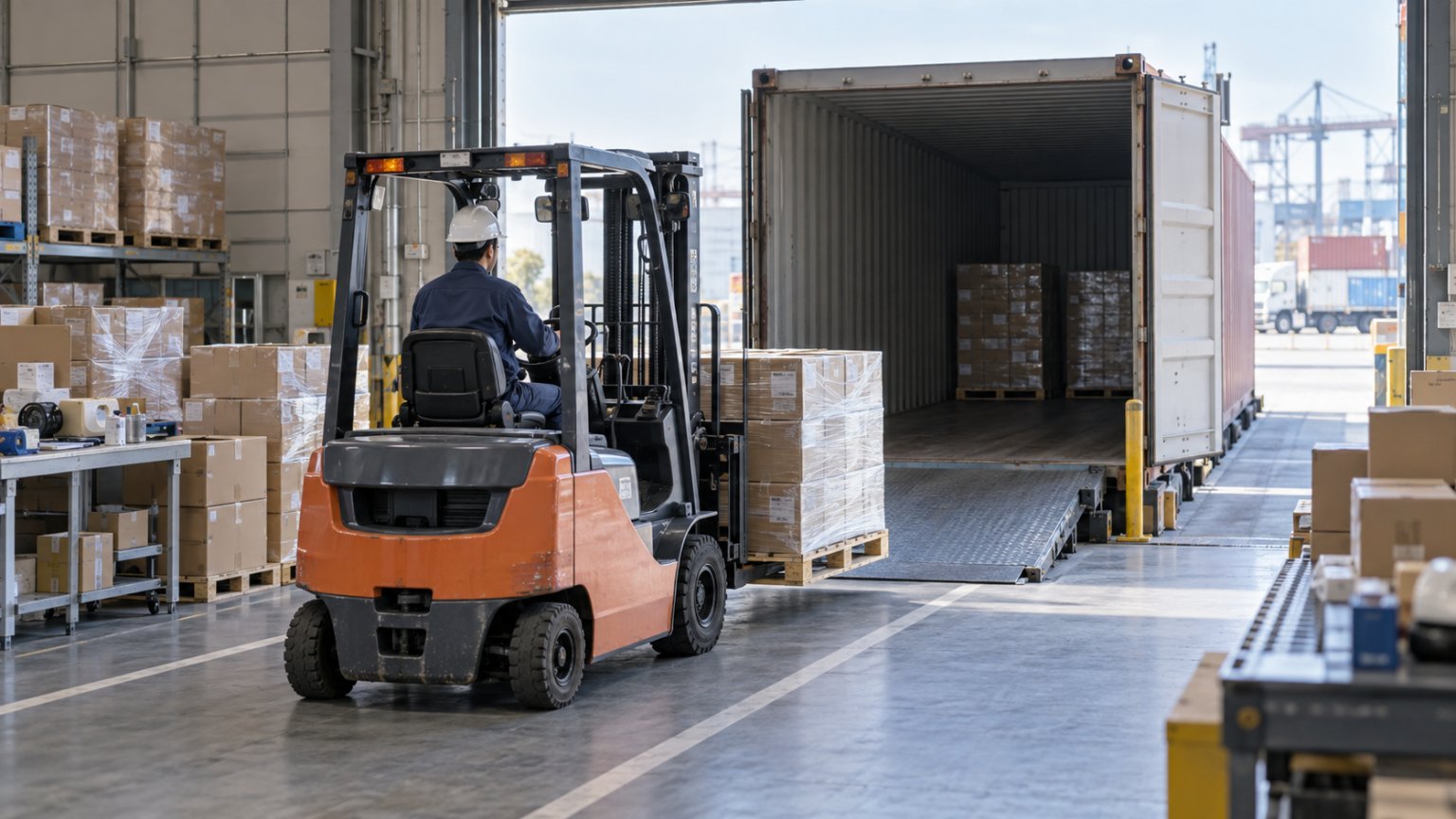 倉庫の出荷口で、フォークリフトが梱包済みの輸出貨物をコンテナへ運ぶイメージ