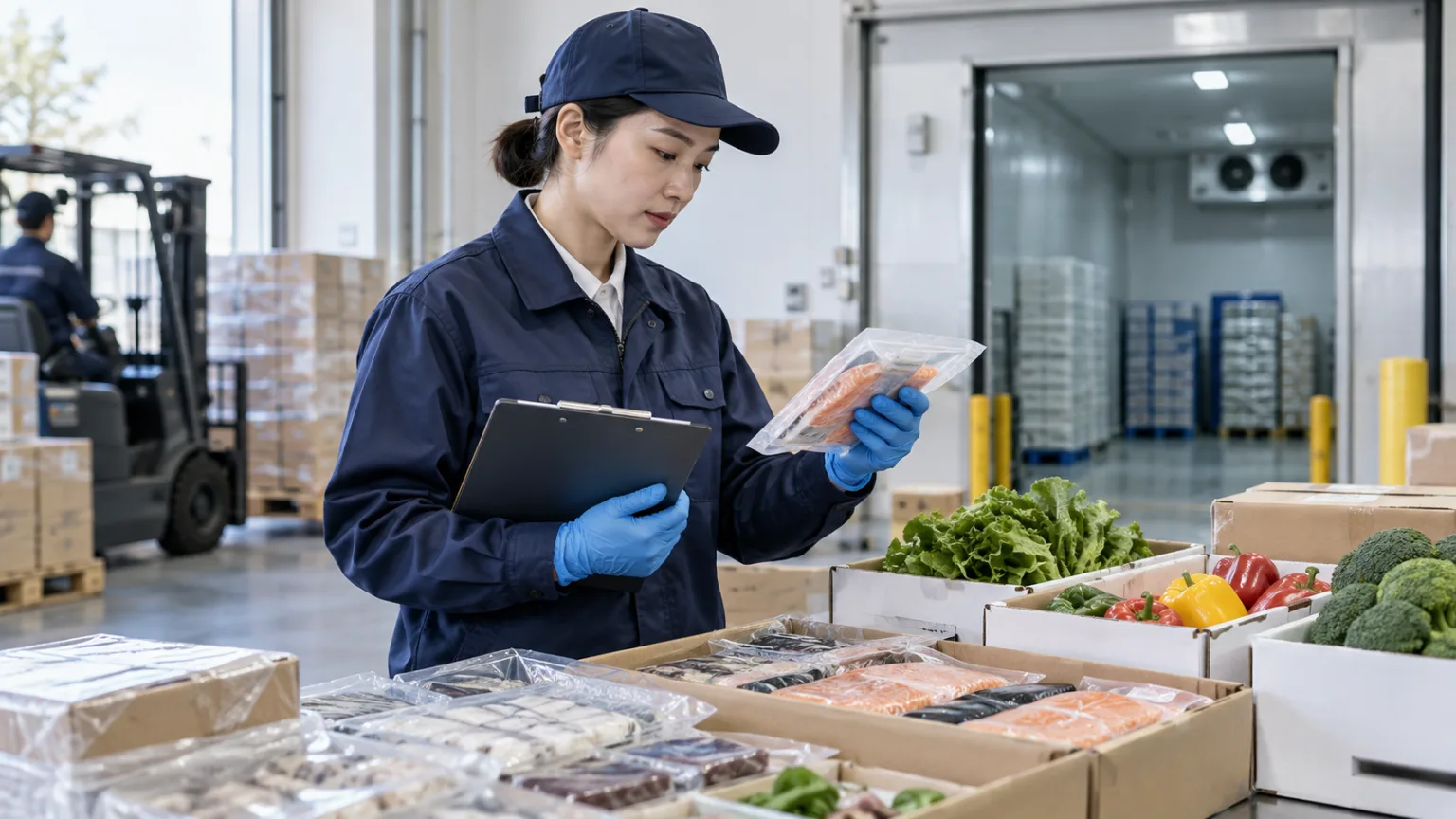 食品輸入時に包装や貨物の状態を確認する検査担当者