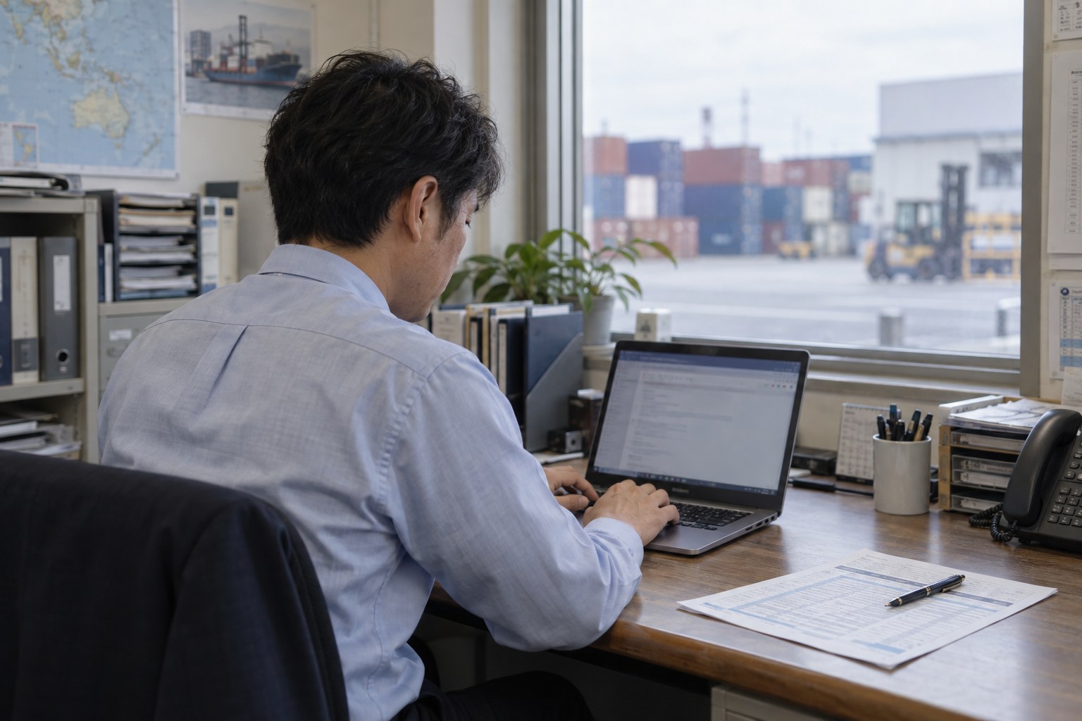 物流拠点の事務所で、輸送資料を手元に営業メールを作成する担当者のイメージ
