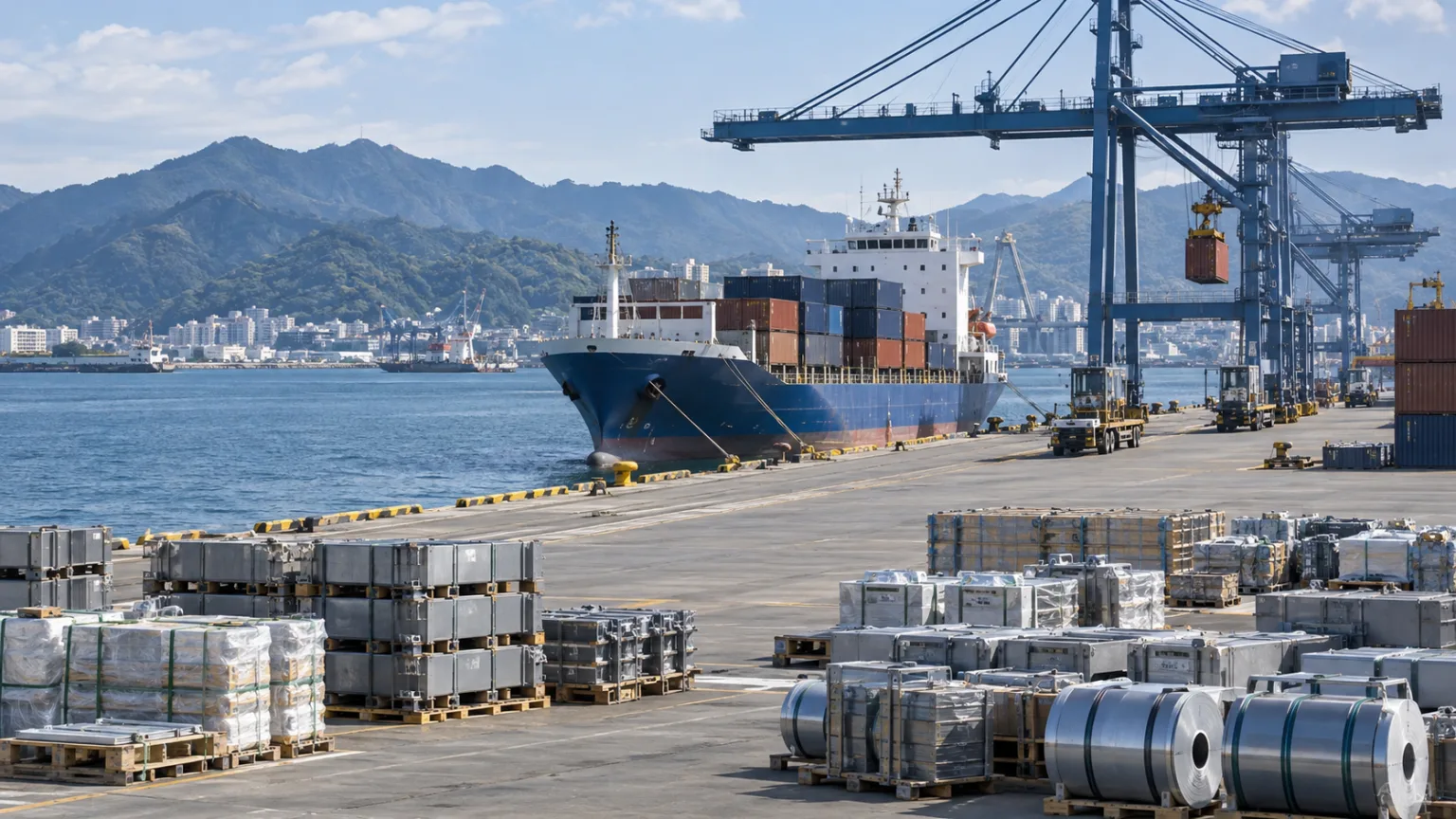 韓国の港で日本向けに出荷される工業部品の貨物