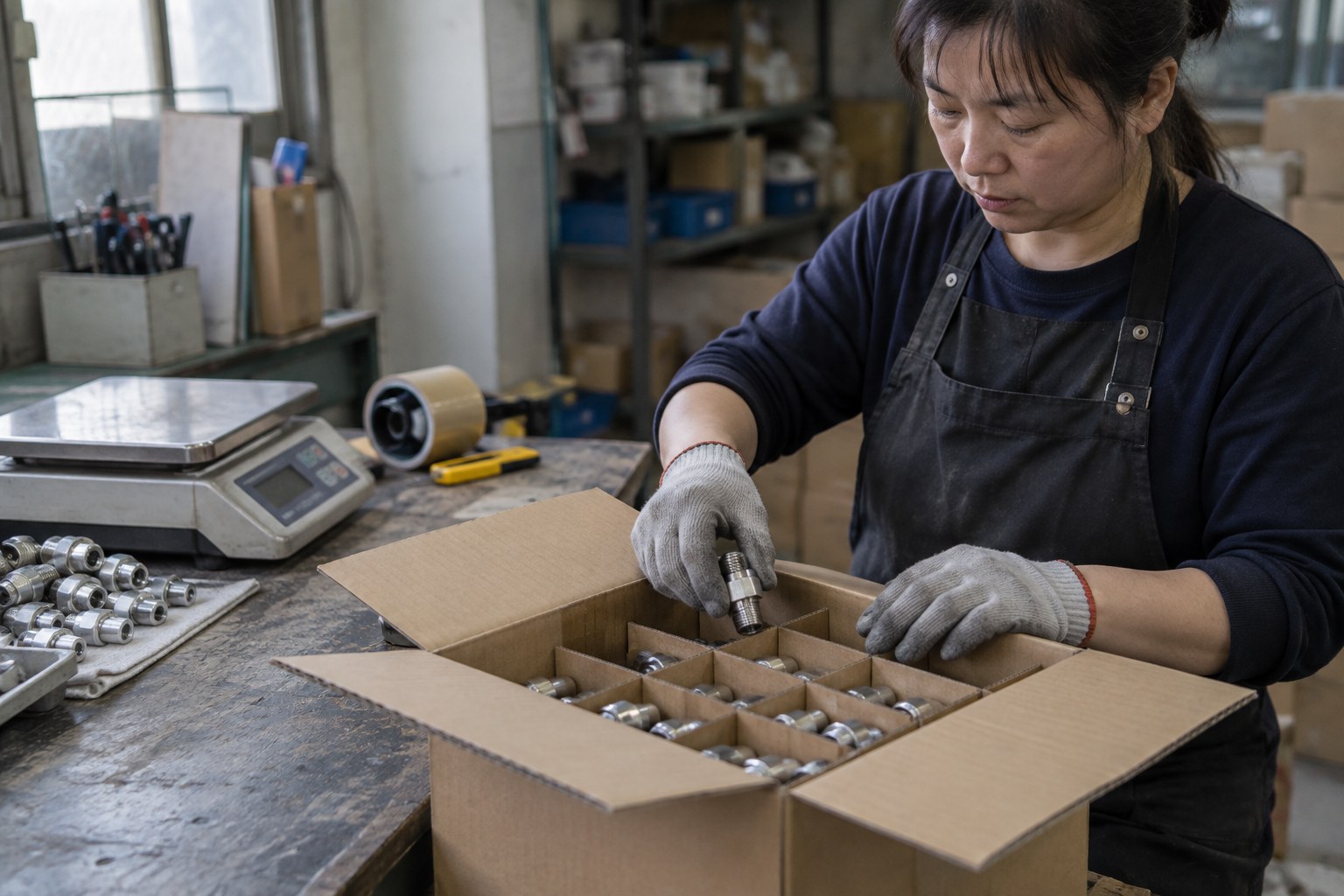 台湾からの輸入ガイド：作業台で金属部品を仕切り付きの箱に梱包するイメージ