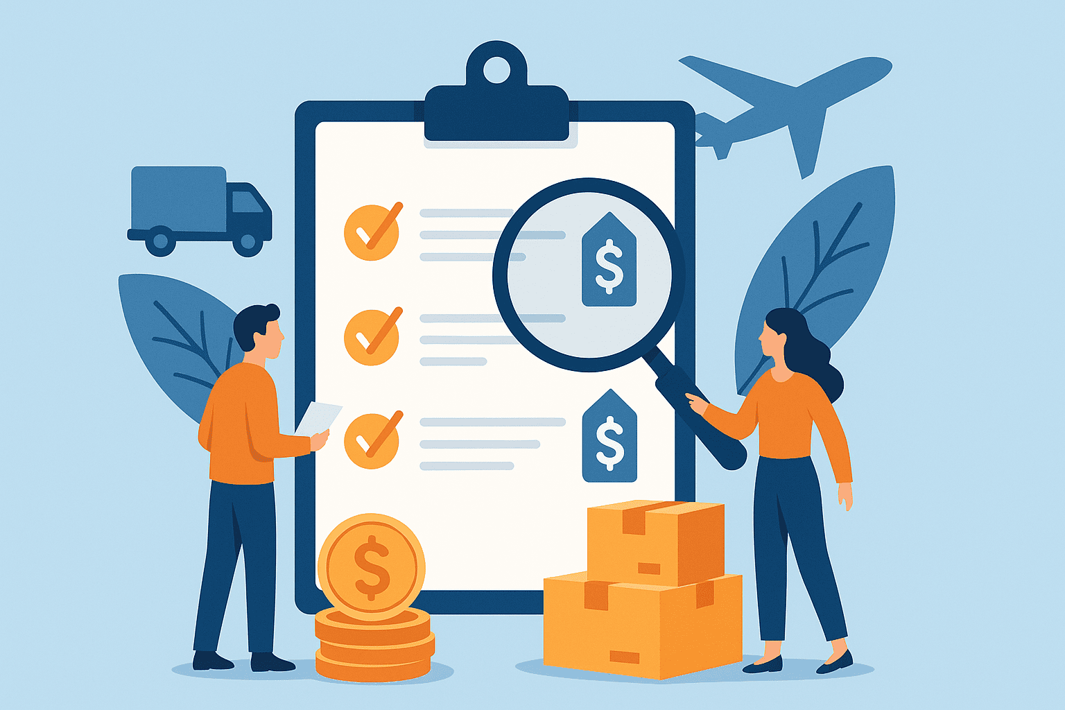 物流費用の見積もり比較をイメージしたイラスト。複数のフォワーダーの選択肢。