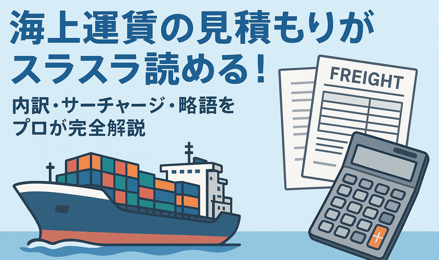 海上運賃の見積もりをテーマにしたアイキャッチ（コンテナ船・電卓・書類のイメージ）
