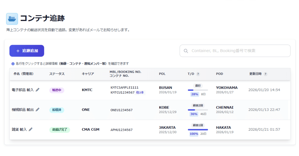 コンテナ追跡画面